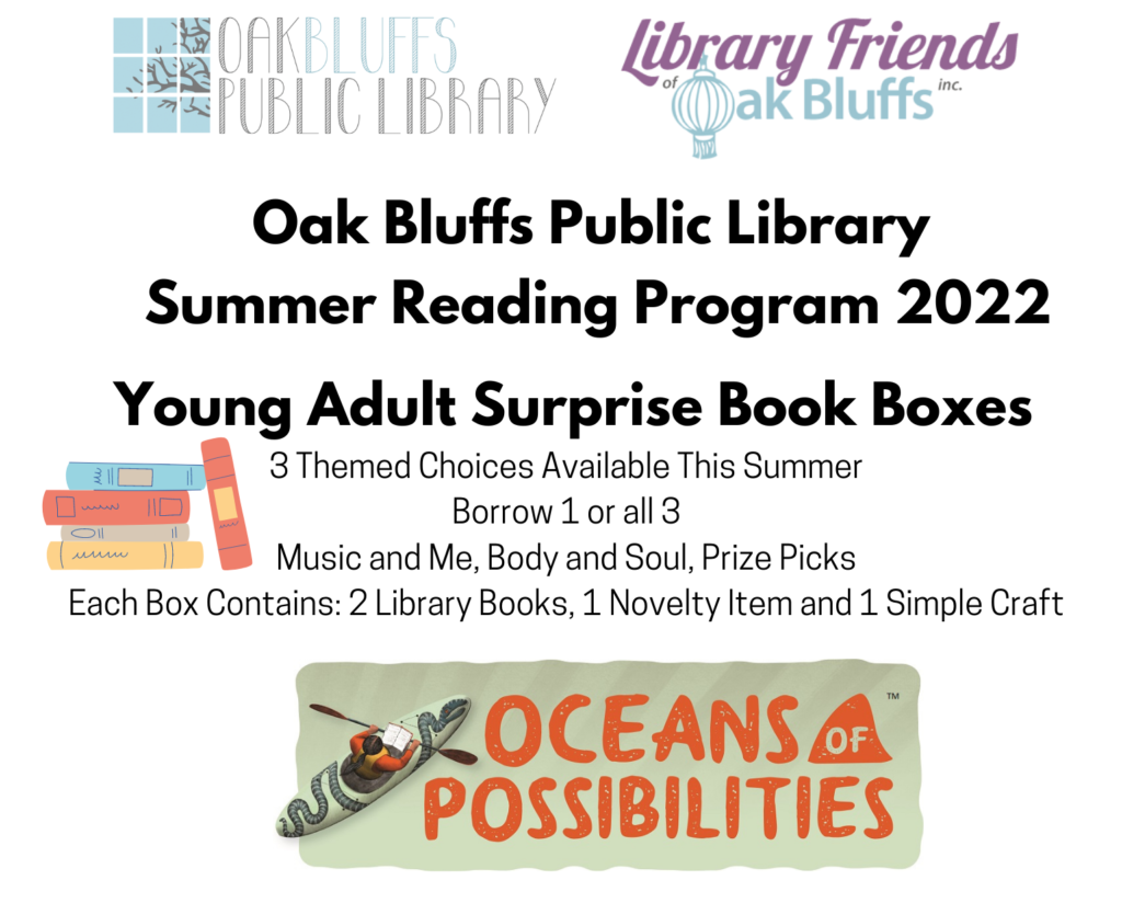 Young Adult summer reading book boxes. Read one or all three - Music and Me, Body and Soul, or Prize Picks. Each box has a novelty prize, two library books and a simple craft.